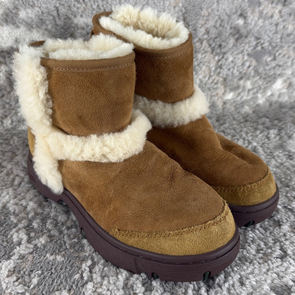 UGG Size 6 Chestnut Suede Shearling Trim Ankle Winter Boots Brown Women